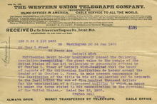 Telegram, Alexander Graham Bell to Charles Lang Freer, January 24, 1906