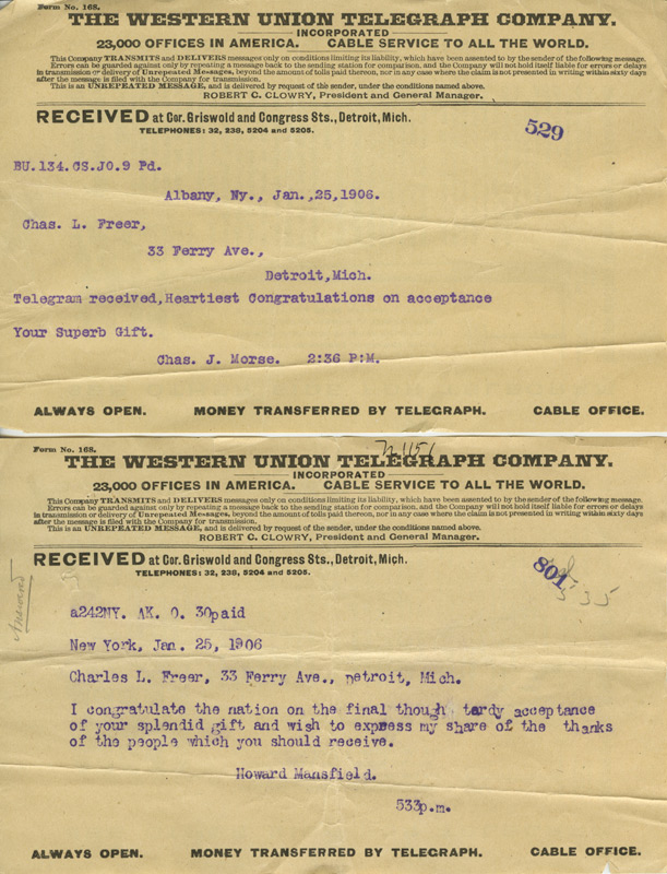 Telegrams to Charles Lang Freer from Charles Morse and Howard Mansfield, January 26, 1906