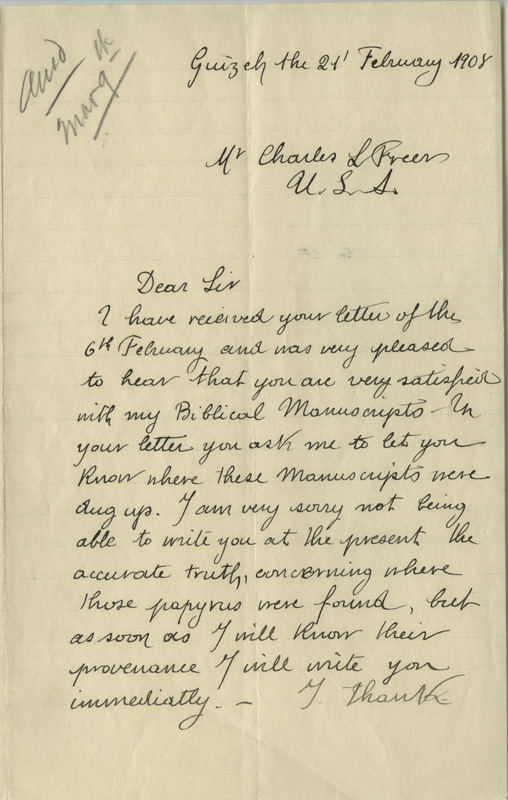 Cheikh Ally to Charles Lang Freer, February 21, 1908