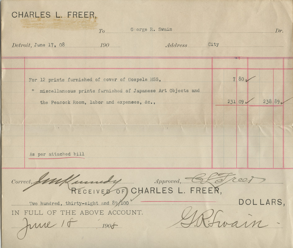 Invoice from Charles Lang Freer to George Swain, June 17, 1908
